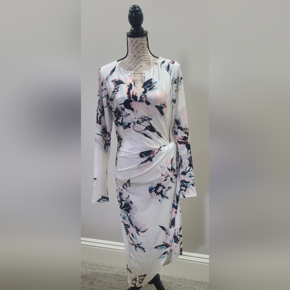 GUESS White Floral Pink & Navy Long-Sleeve Twist Midi Dress